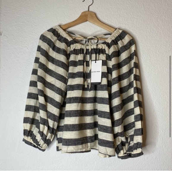 Who What Wear Linen Blend Striped Off the Shoulder Ballon Sleeve Blouse Size S - Picture 3 of 4